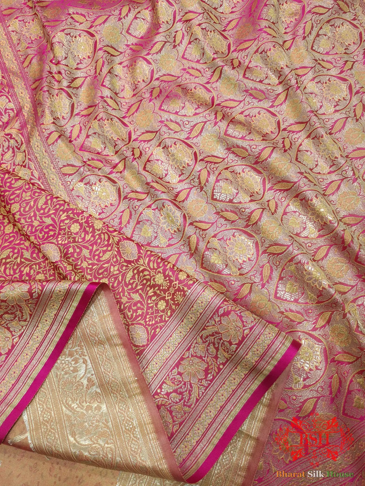 Pink Dohri Resham Zari Booti Tanchoi Silk Saree - Bharat Silk House Tanchoi katan