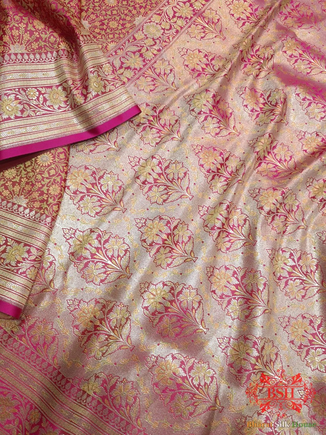 Pink Dohri Resham Zari Booti Tanchoi Silk Saree - Bharat Silk House Tanchoi katan