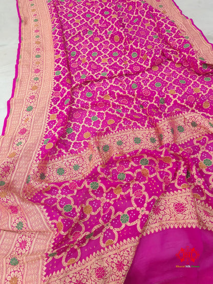 Pink Georgette Banarasi Handloom Meenakari Bandhani Dupatta - Bharat Silk House Bandhej