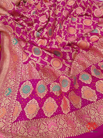 Pink Georgette Banarasi Handloom Menakari Bandhani Dupatta - Bharat Silk House Bandhej