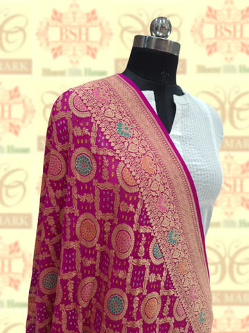 Pink Georgette Banarasi Handloom Menakari Bandhani Dupatta - Bharat Silk House Bandhej