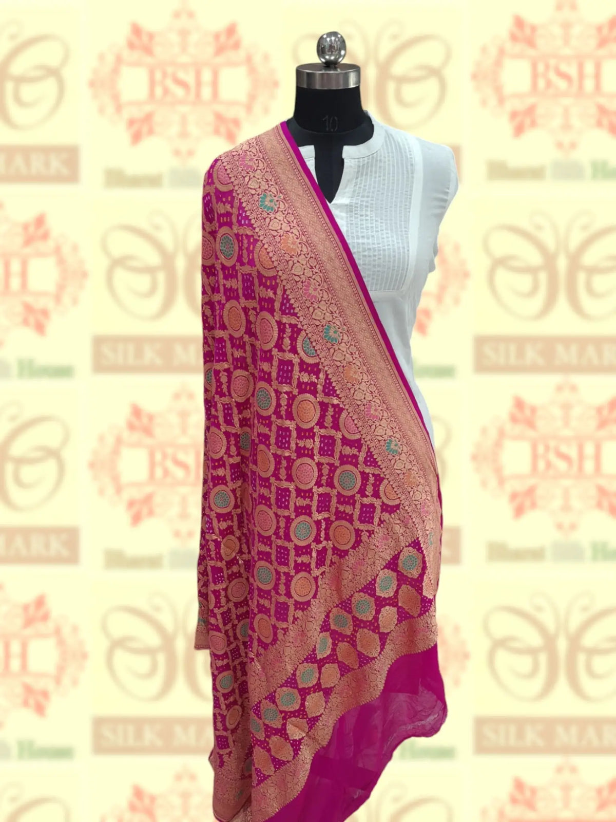 Pink Georgette Banarasi Handloom Menakari Bandhani Dupatta - Bharat Silk House Bandhej