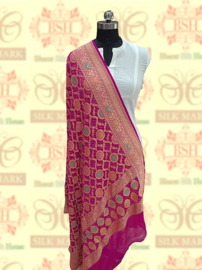 Pink Georgette Banarasi Handloom Menakari Bandhani Dupatta - Bharat Silk House Bandhej