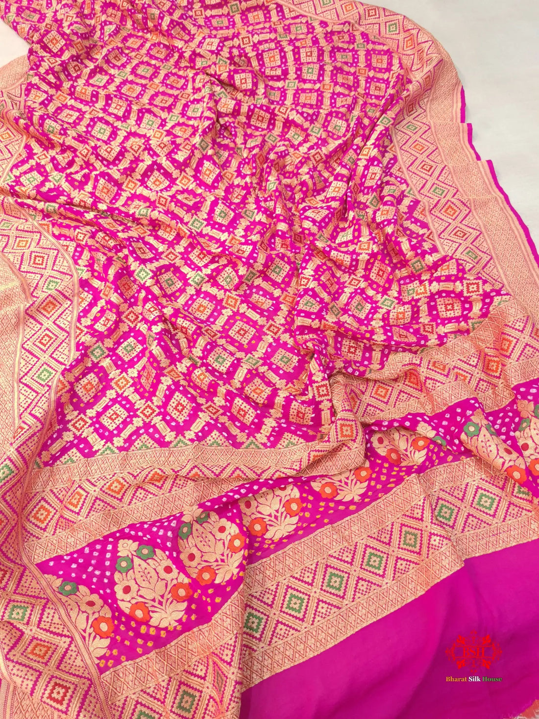 Pink Georgette Banarasi Handloom Menakari Bandhani Dupatta - Bharat Silk House Bandhej