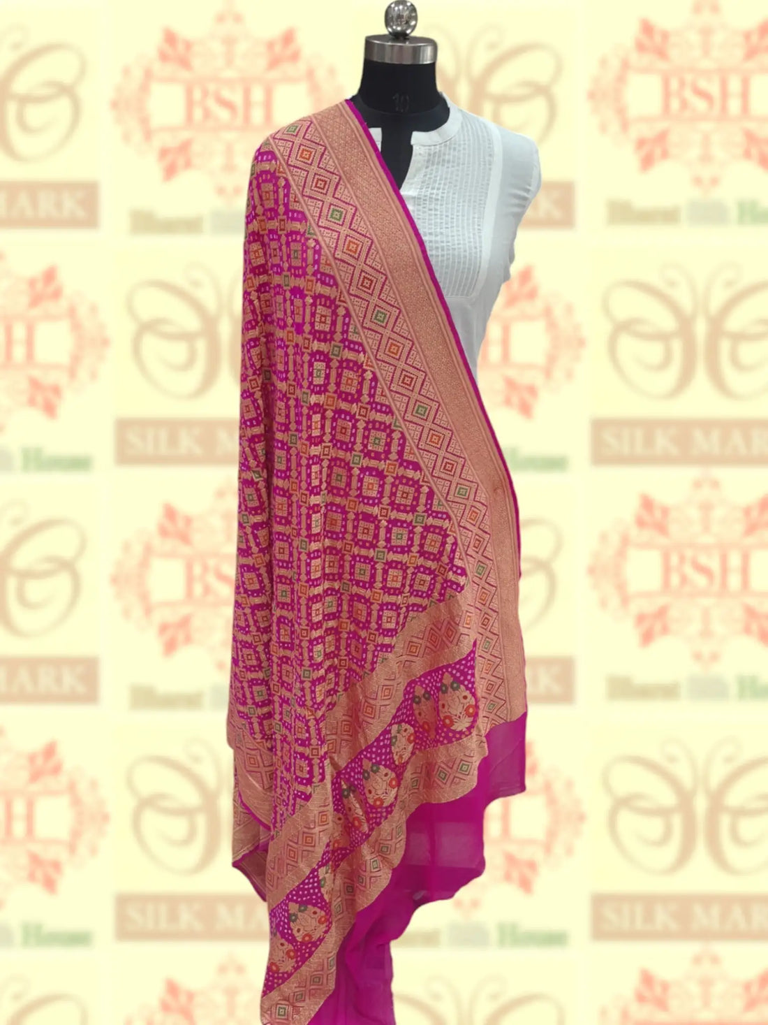 Pink Georgette Banarasi Handloom Menakari Bandhani Dupatta - Bharat Silk House Bandhej