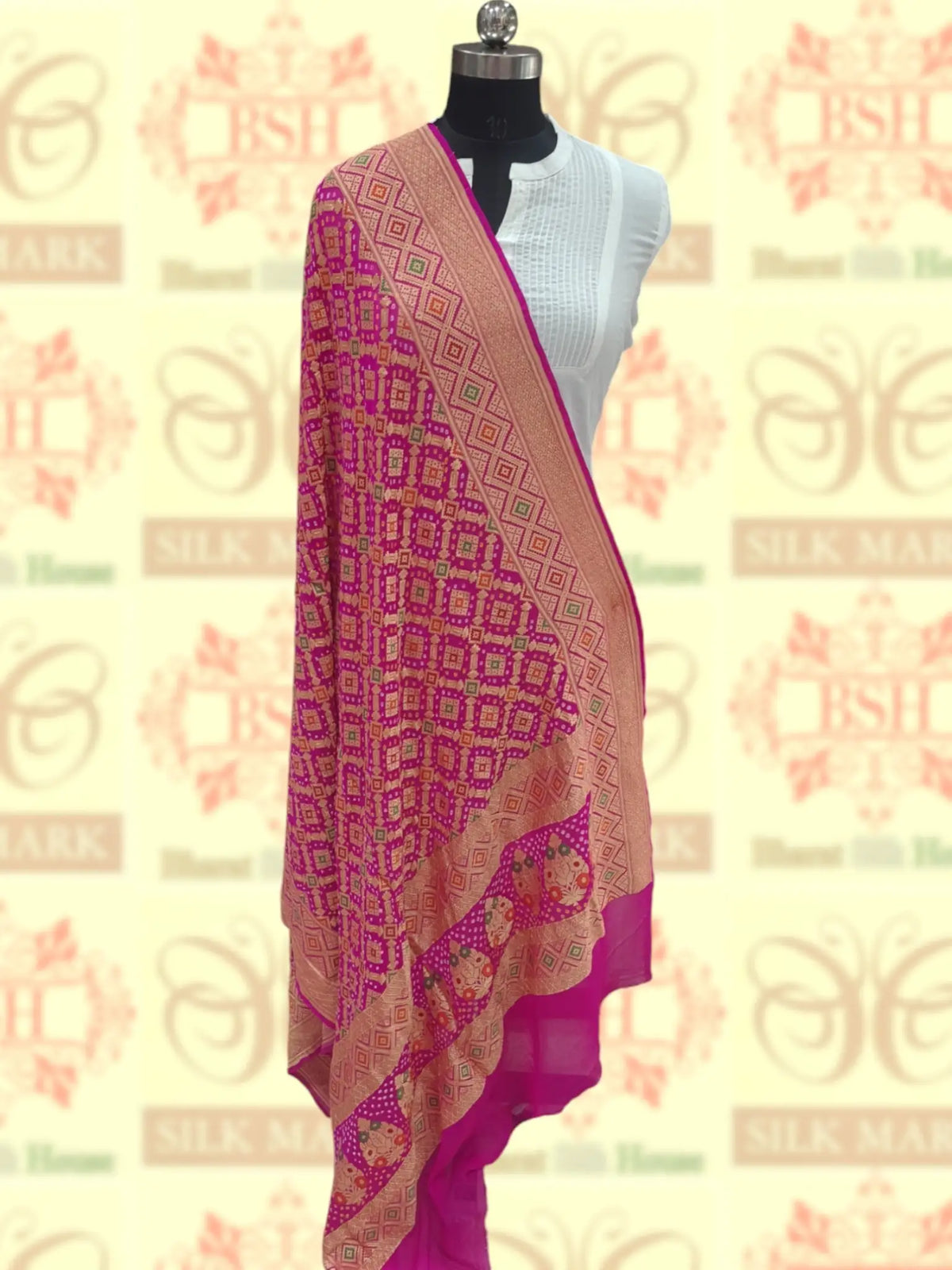 Pink Georgette Banarasi Handloom Menakari Bandhani Dupatta - Bharat Silk House Bandhej