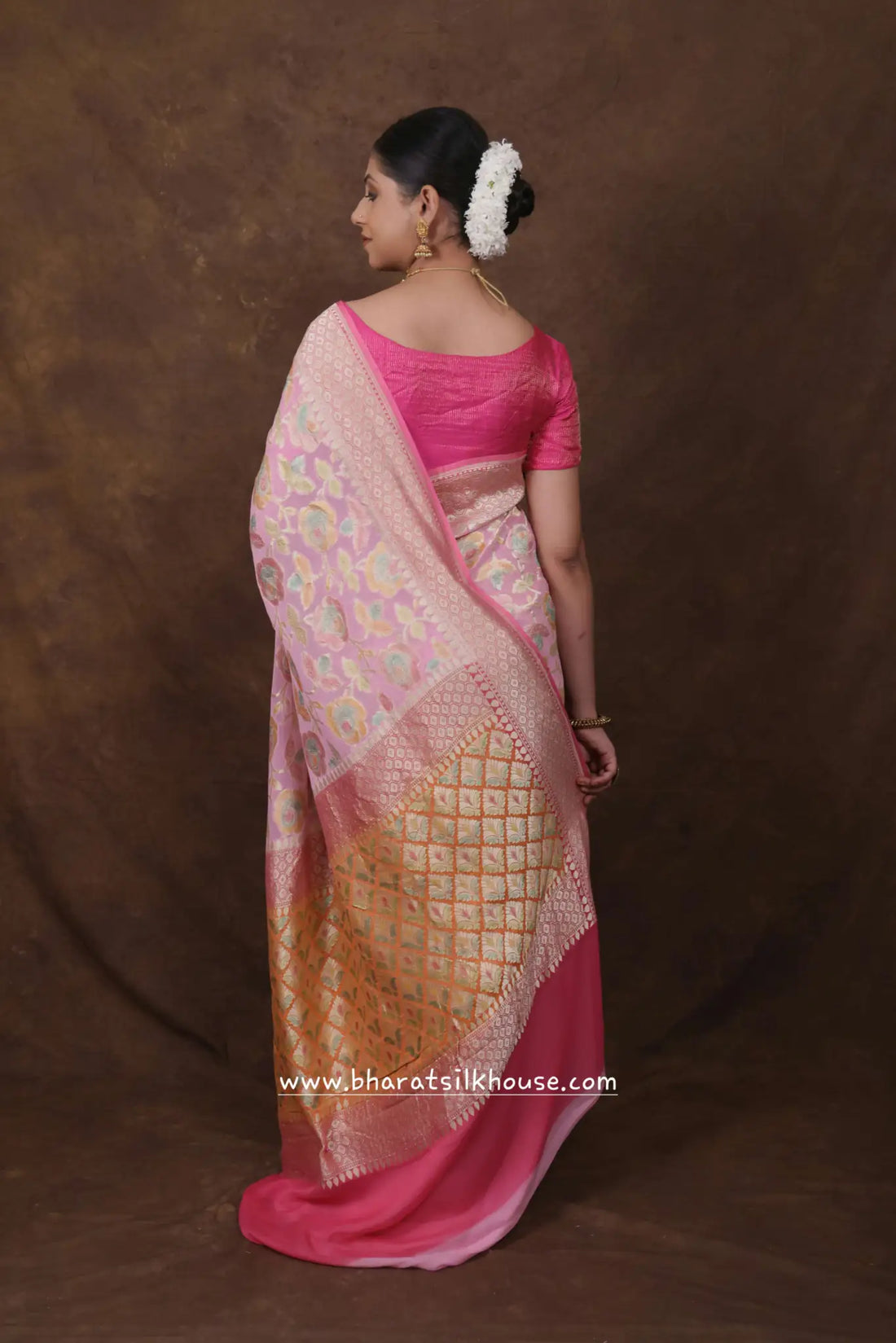Pink Rangkaat Handloom Pure Khaddi Chiffon Saree - Bharat Silk House Chiffon Sarees