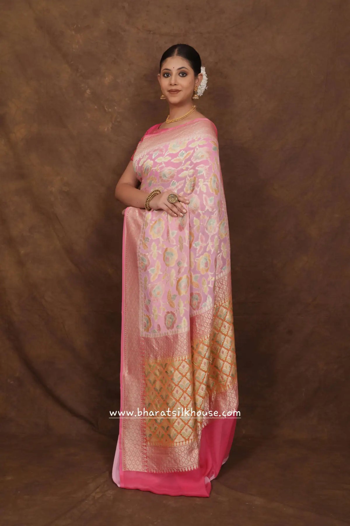 Pink Rangkaat Handloom Pure Khaddi Chiffon Saree - Bharat Silk House Chiffon Sarees