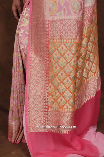 Pink Rangkaat Handloom Pure Khaddi Chiffon Saree - Bharat Silk House Chiffon Sarees