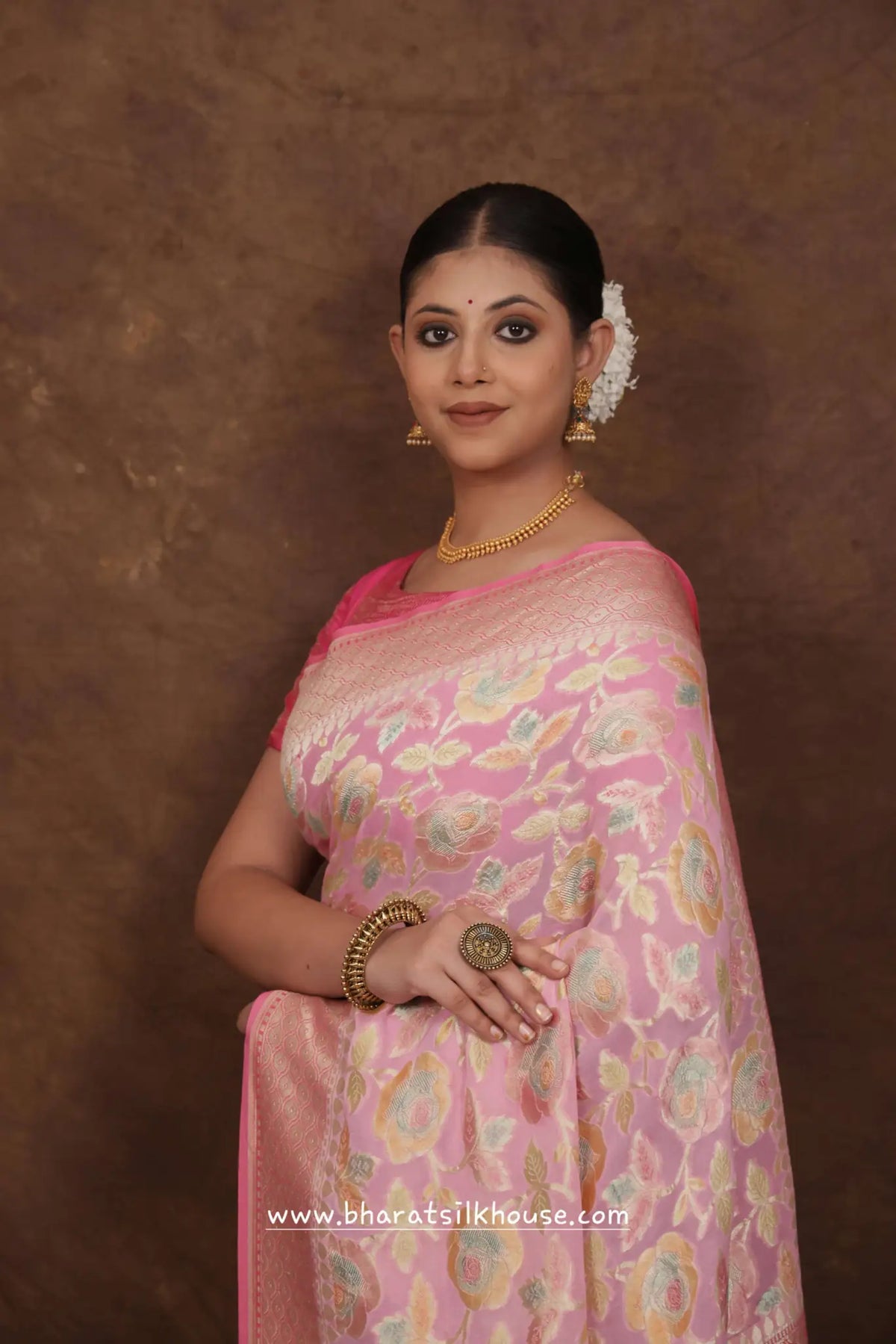 Pink Rangkaat Handloom Pure Khaddi Chiffon Saree - Bharat Silk House Chiffon Sarees