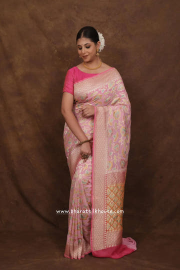 Pink Rangkaat Handloom Pure Khaddi Chiffon Saree - Bharat Silk House Chiffon Sarees
