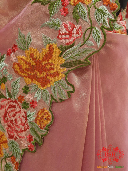 Pink Shade Crochet Work Tissue Silk Saree - Bharat Silk House Tissue Silk