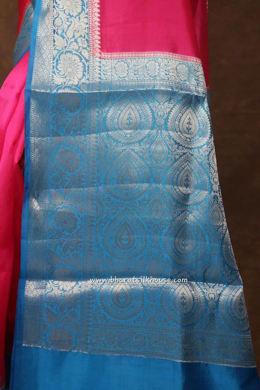 Pink With Blue Border Pure Dupion Silk Saree - Bharat Silk House Dupion Silk