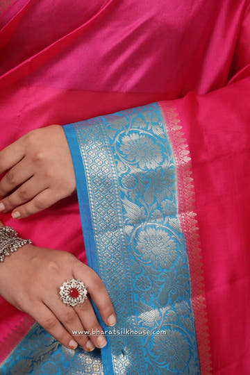 Pink With Blue Border Pure Dupion Silk Saree - Bharat Silk House Dupion Silk
