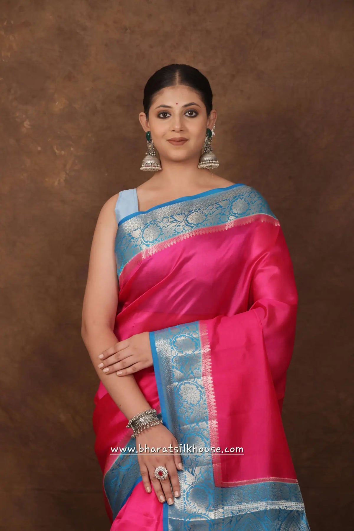 Pink With Blue Border Pure Dupion Silk Saree - Bharat Silk House Dupion Silk
