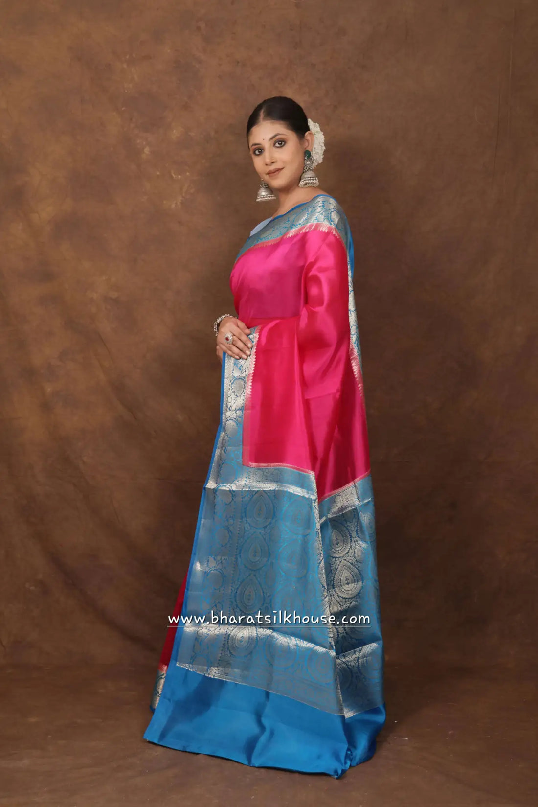 Pink With Blue Border Pure Dupion Silk Saree - Bharat Silk House Dupion Silk