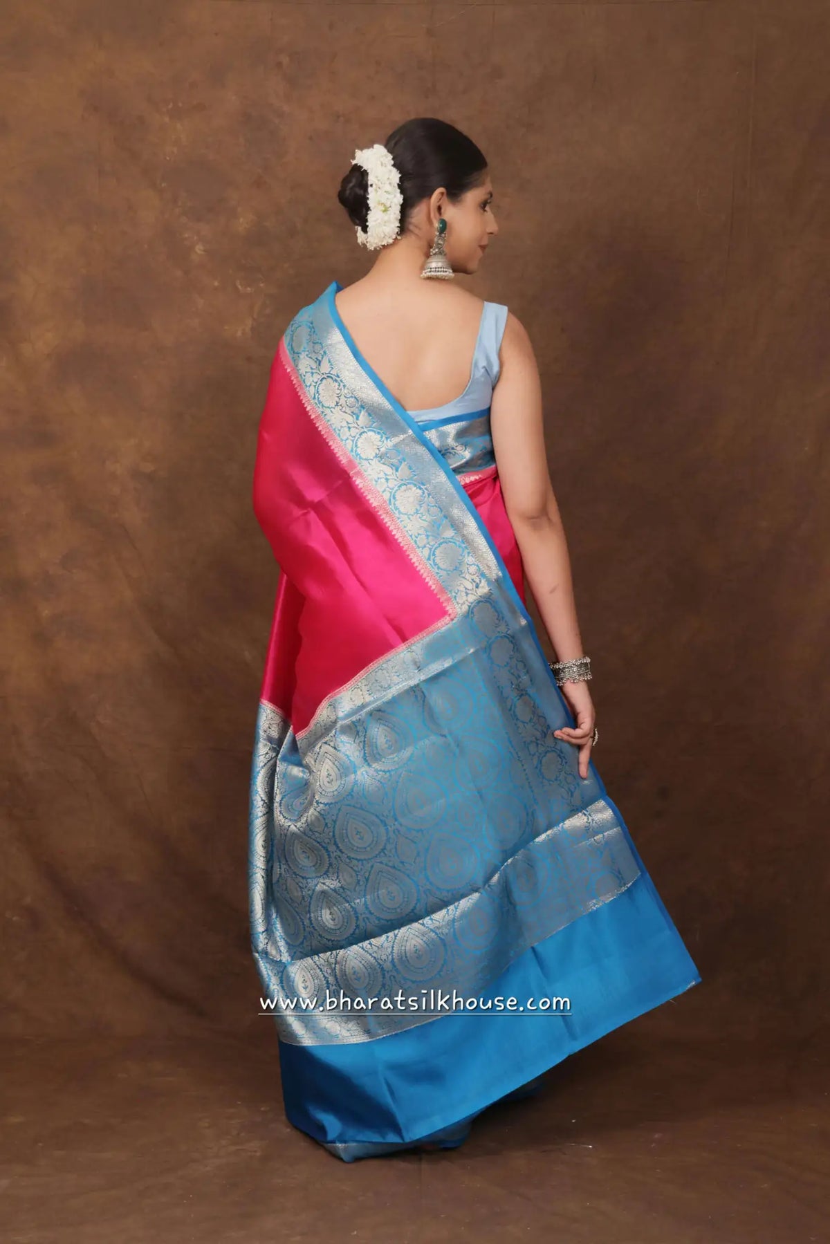 Pink With Blue Border Pure Dupion Silk Saree - Bharat Silk House Dupion Silk