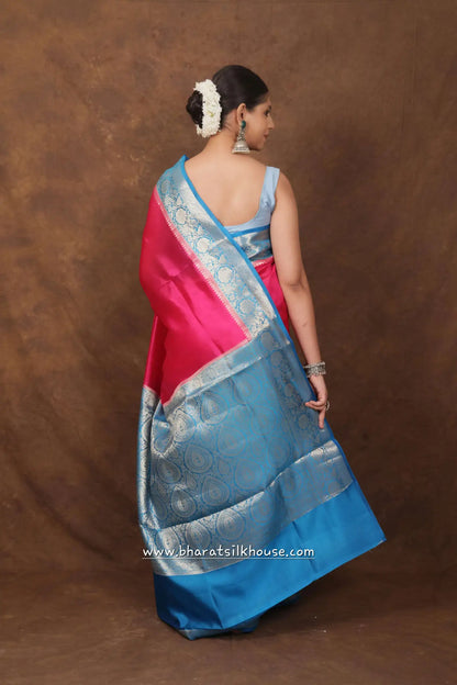 Pink With Blue Border Pure Dupion Silk Saree - Bharat Silk House Dupion Silk