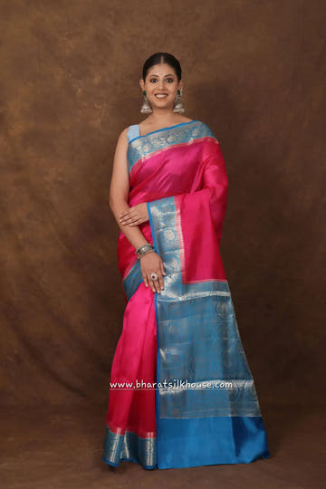 Pink With Blue Border Pure Dupion Silk Saree - Bharat Silk House Dupion Silk