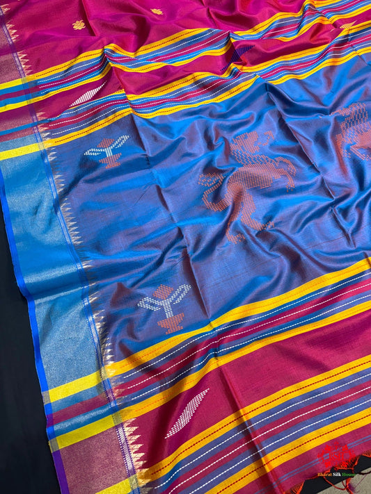 Pink With Blue Pallu Pure Katan Lightweight Kantha Design Summer Wear Saree - Bharat Silk House Pure Kataan Silk