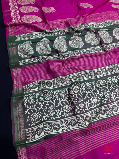 Pink With Green Pallu Pure Katan Lightweight Digital Art Summer Wear Saree - Bharat Silk House katan silk