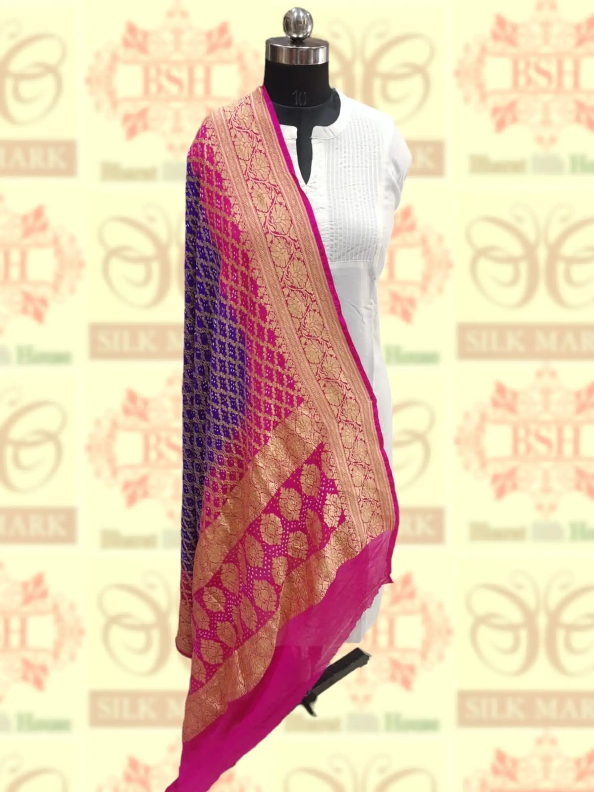 Pink/Blue Georgette Banarasi Handloom Bandhani Dupatta - Bharat Silk House Bandhej