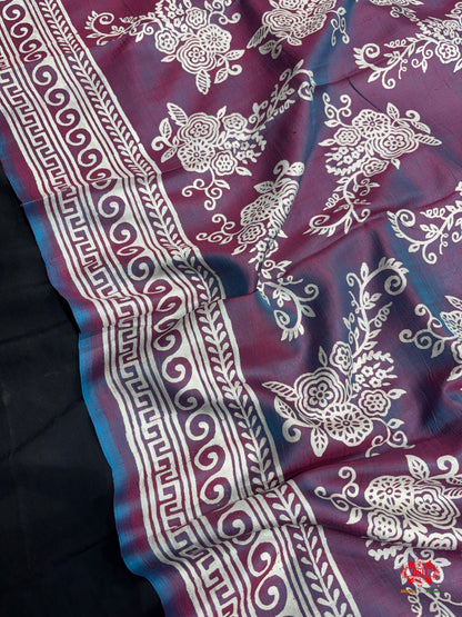 Pink/Blue ross Colour Pure Katan Lightweight Digital Art Summer Wear Saree - Bharat Silk House katan silk