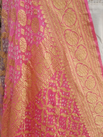 Pink/Grey Pure Georgette Banarasi Handloom Bandhani Dupatta - Bharat Silk House Bandhej