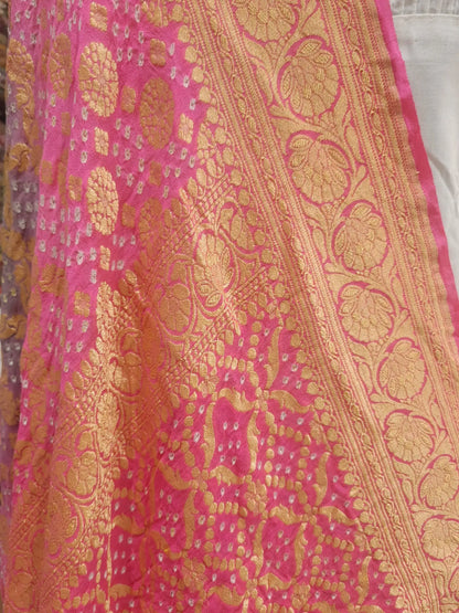 Pink/Grey Pure Georgette Banarasi Handloom Bandhani Dupatta - Bharat Silk House Bandhej