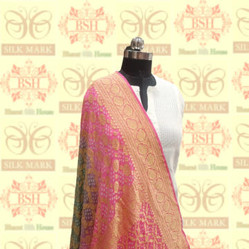 Pink/Grey Pure Georgette Banarasi Handloom Bandhani Dupatta - Bharat Silk House Bandhej