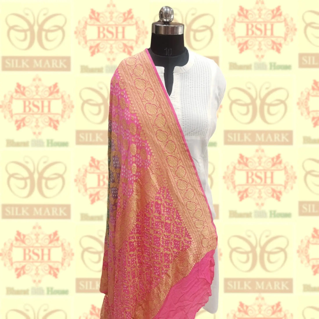 Pink/Grey Pure Georgette Banarasi Handloom Bandhani Dupatta - Bharat Silk House Bandhej
