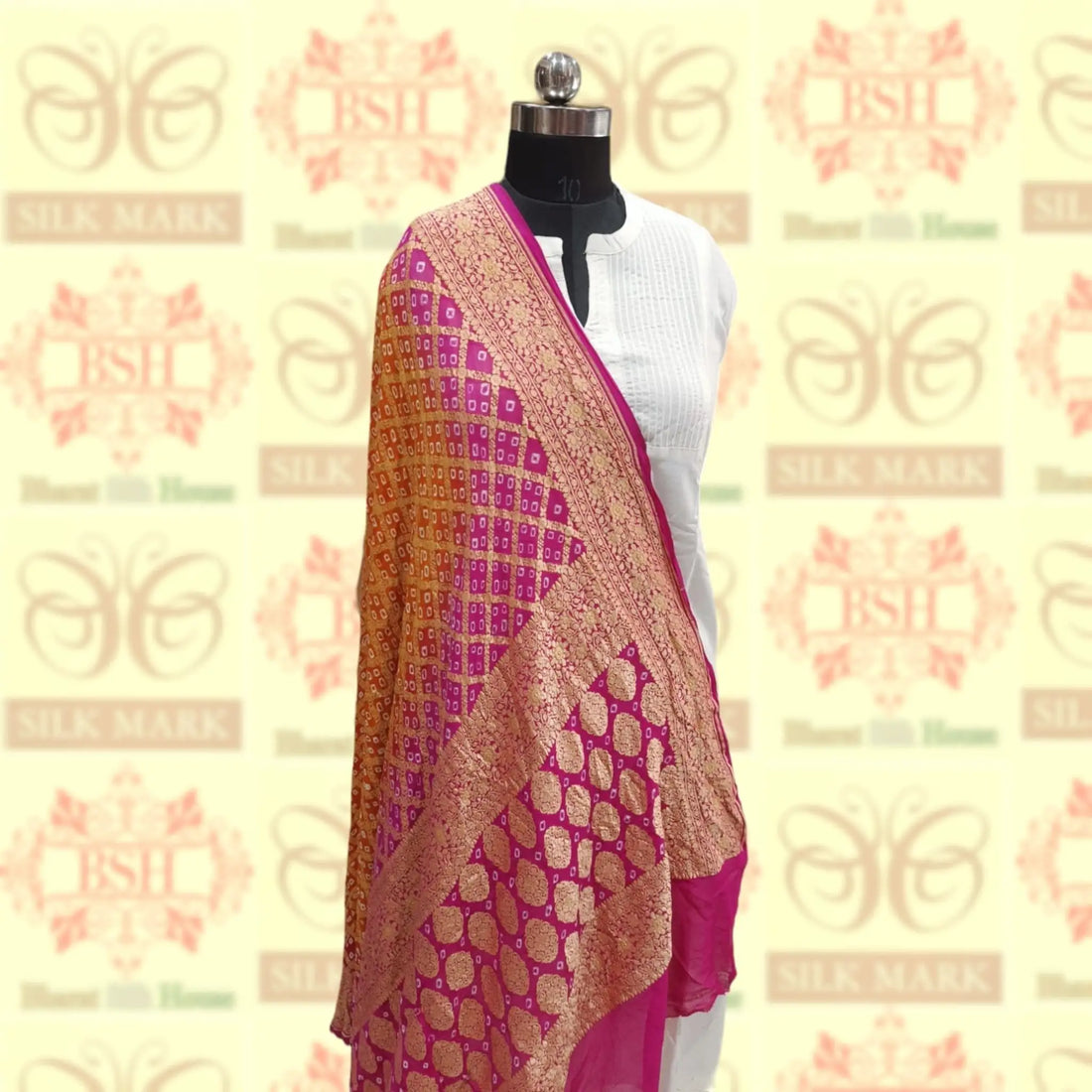 Pink/Orange Georgette Banarasi Handloom Bandhani Dupatta - Bharat Silk House Bandhej