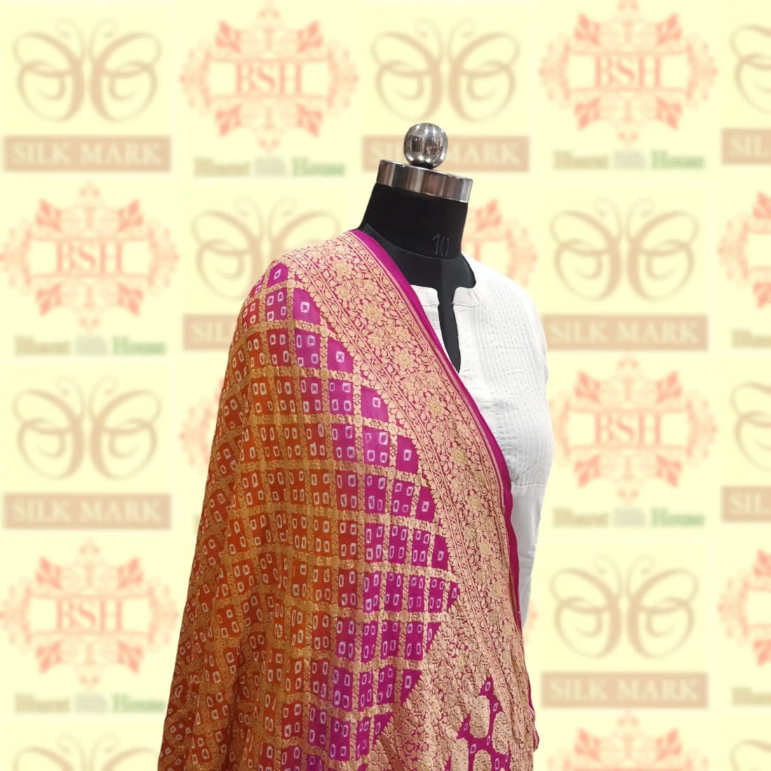 Pink/Orange Georgette Banarasi Handloom Bandhani Dupatta - Bharat Silk House Bandhej