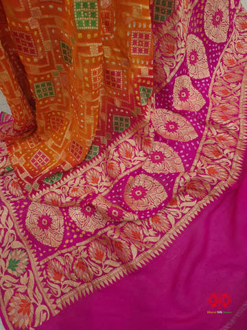 Pink/Orange Georgette Banarasi Handloom Meenakari Bandhani Dupatta - Bharat Silk House Bandhej