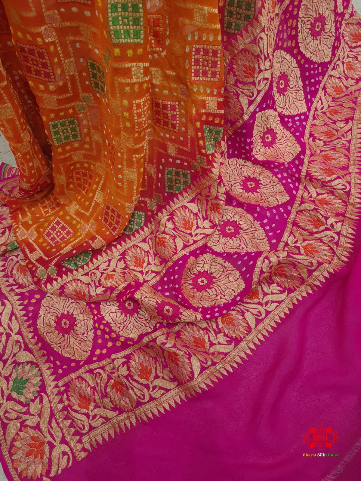 Pink/Orange Georgette Banarasi Handloom Meenakari Bandhani Dupatta - Bharat Silk House Bandhej