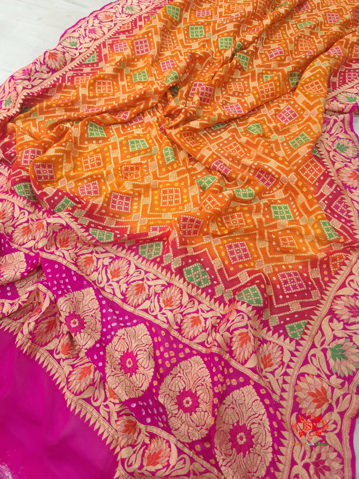 Pink/Orange Georgette Banarasi Handloom Meenakari Bandhani Dupatta - Bharat Silk House Bandhej