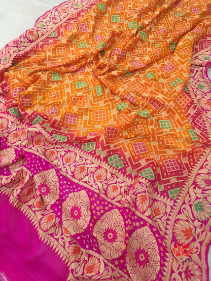 Pink/Orange Georgette Banarasi Handloom Meenakari Bandhani Dupatta - Bharat Silk House Bandhej