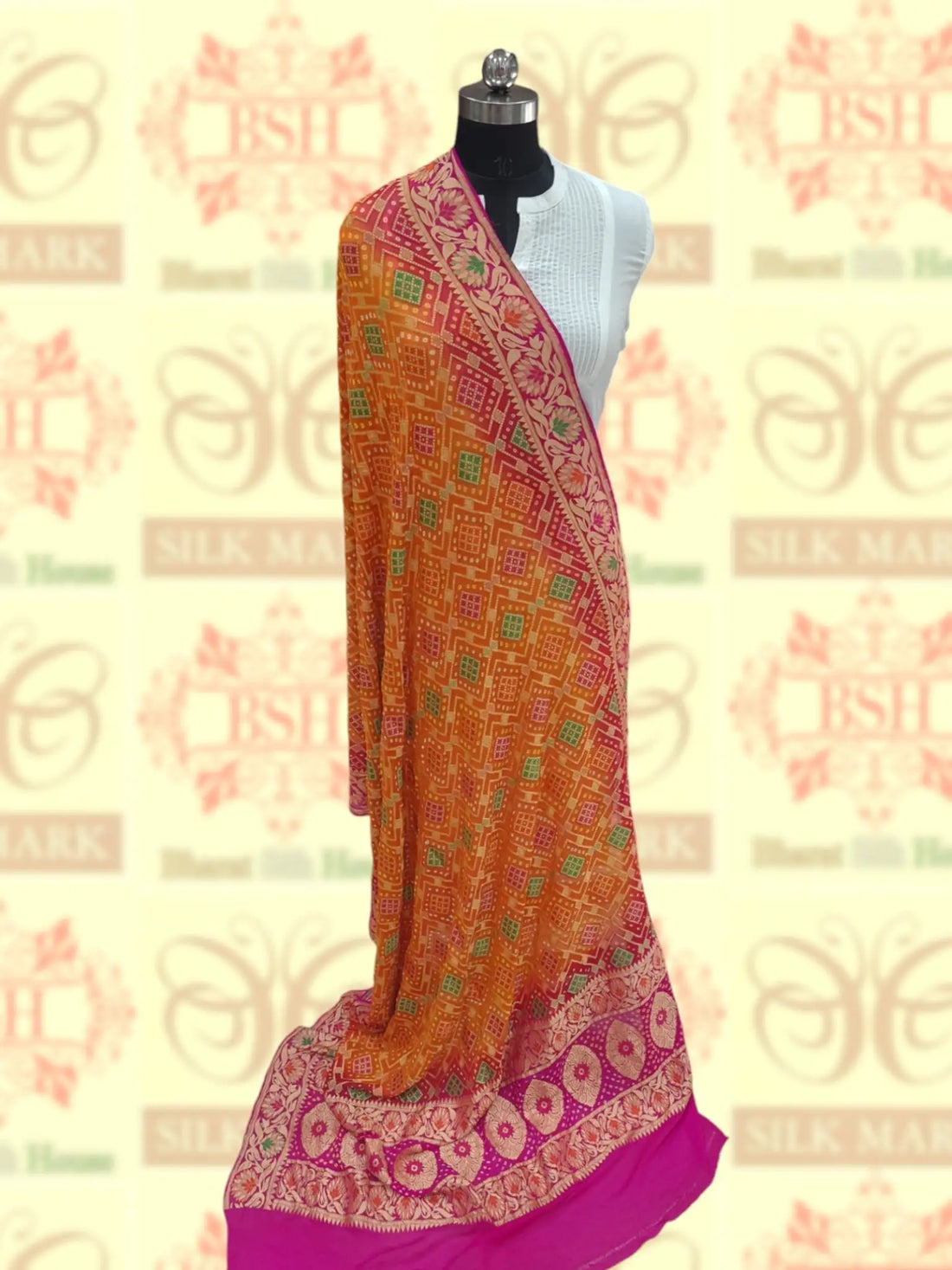 Pink/Orange Georgette Banarasi Handloom Meenakari Bandhani Dupatta - Bharat Silk House Bandhej