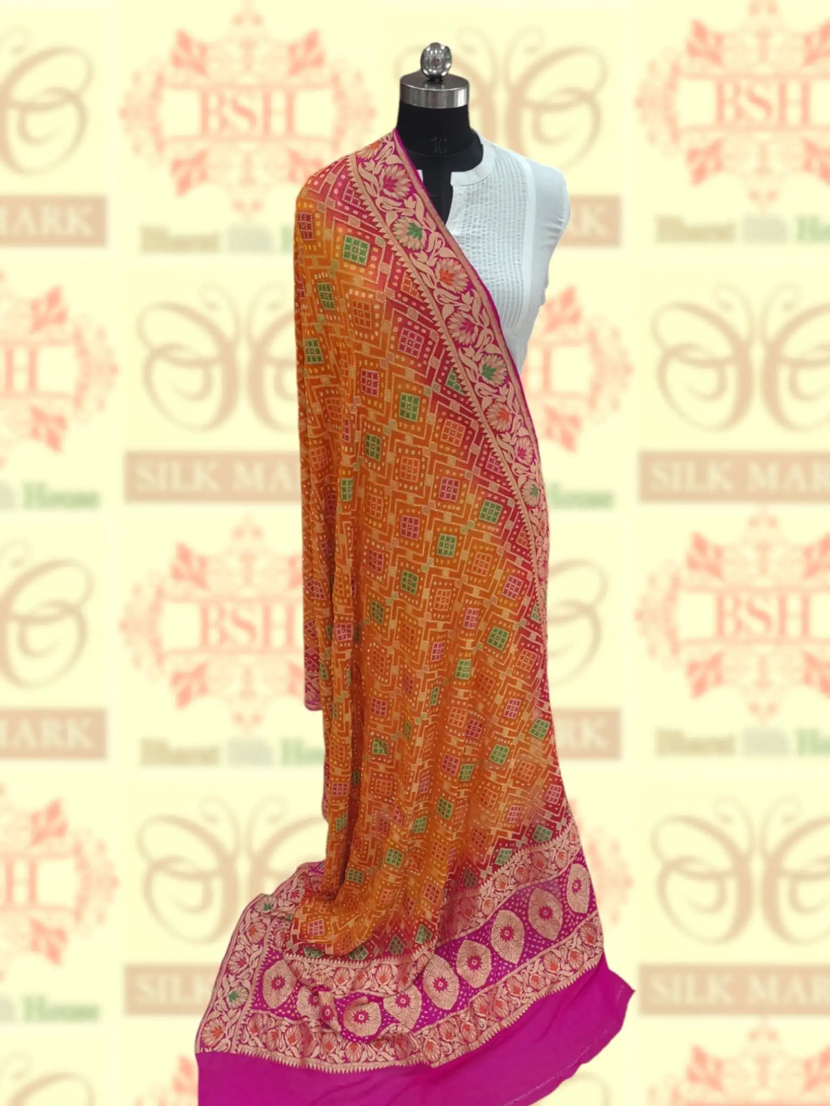 Pink/Orange Georgette Banarasi Handloom Meenakari Bandhani Dupatta - Bharat Silk House Bandhej