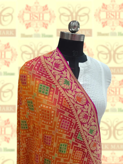 Pink/Orange Georgette Banarasi Handloom Meenakari Bandhani Dupatta - Bharat Silk House Bandhej