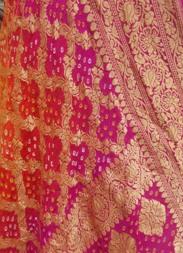 Pink/Orange Pure Georgette Banarasi Handloom Bandhani Dupatta - Bharat Silk House Bandhej