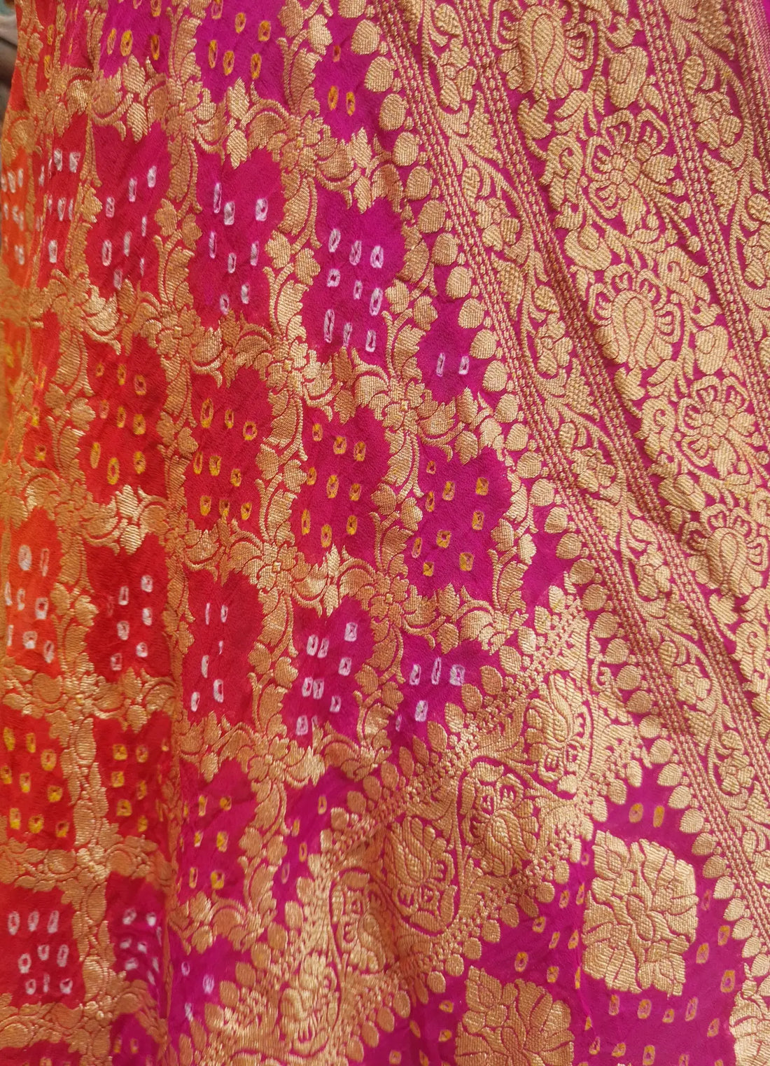 Pink/Orange Pure Georgette Banarasi Handloom Bandhani Dupatta - Bharat Silk House Bandhej
