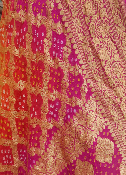 Pink/Orange Pure Georgette Banarasi Handloom Bandhani Dupatta - Bharat Silk House Bandhej