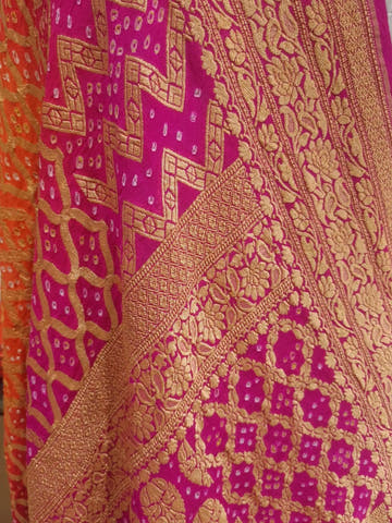 Pink/Orange Pure Georgette Banarasi Handloom Bandhani Dupatta - Bharat Silk House Bandhej