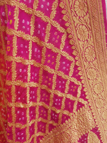 Pink/Orange Pure Georgette Banarasi Handloom Bandhani Dupatta - Bharat Silk House Bandhej