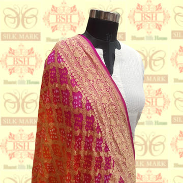 Pink/Orange Pure Georgette Banarasi Handloom Bandhani Dupatta - Bharat Silk House Bandhej