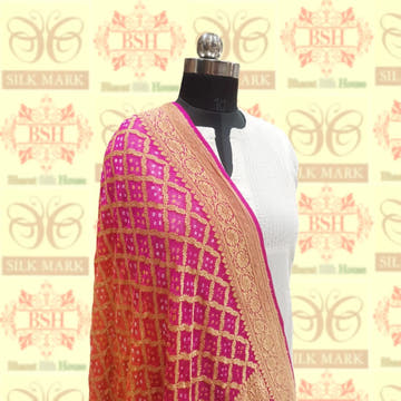 Pink/Orange Pure Georgette Banarasi Handloom Bandhani Dupatta - Bharat Silk House Bandhej