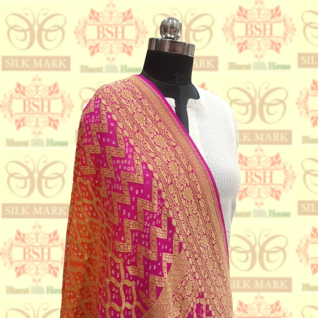 Pink/Orange Pure Georgette Banarasi Handloom Bandhani Dupatta - Bharat Silk House Bandhej