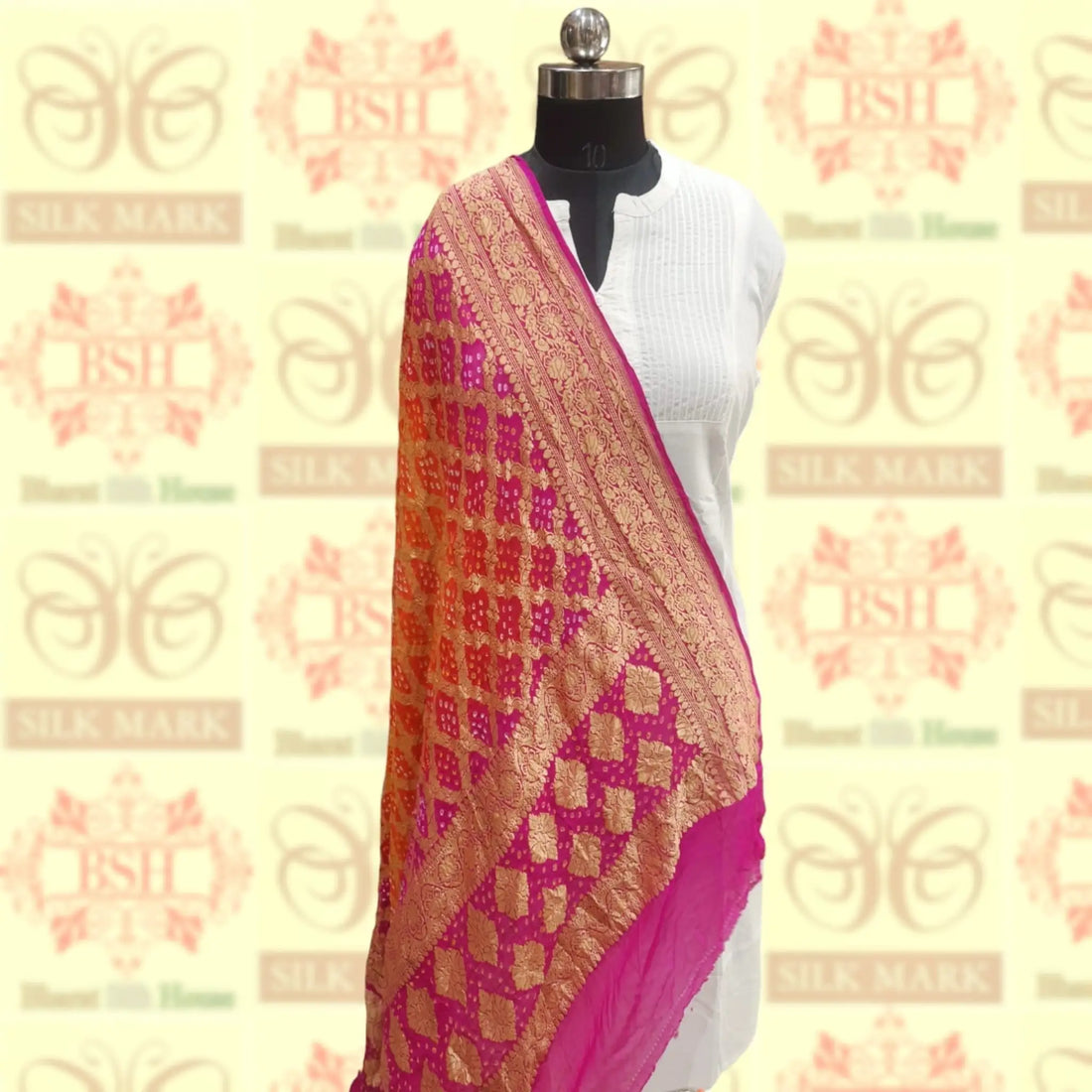 Pink/Orange Pure Georgette Banarasi Handloom Bandhani Dupatta - Bharat Silk House Bandhej