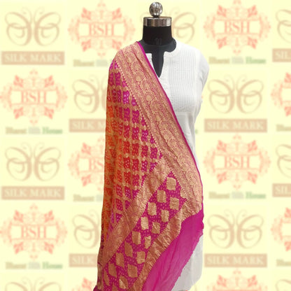 Pink/Orange Pure Georgette Banarasi Handloom Bandhani Dupatta - Bharat Silk House Bandhej